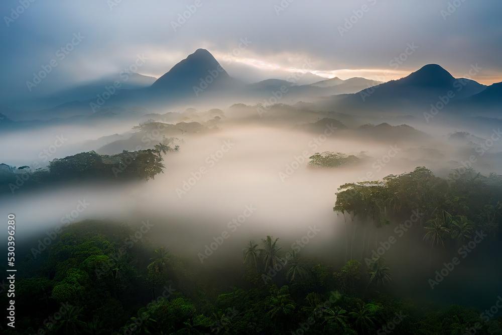 Fog and morning light in the jungle.
Beautiful foggy morning Landscape. aerial view