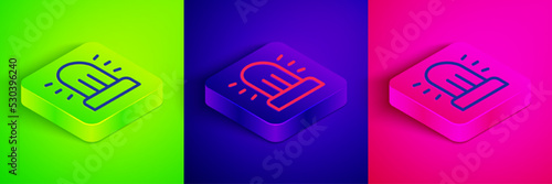 Isometric line Flasher siren icon isolated on green, blue and pink background. Emergency flashing siren. Square button. Vector