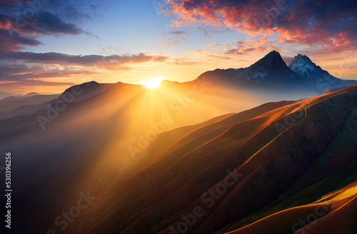 Beautiful sunset in the mountains. Landscape with mountain valley, colorful and clouds. Aerial view.