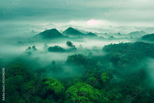 Foggy landscape in the jungle. Fog and cloud mountain tropic valley landscape. aerial view