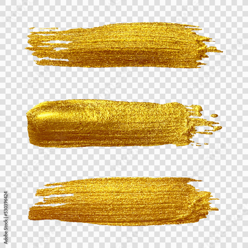Golden paint brush stroke. Set of gold paint smear with glittering texture. Realistic gold brush stroke with metallic effect on transparent background. Vector