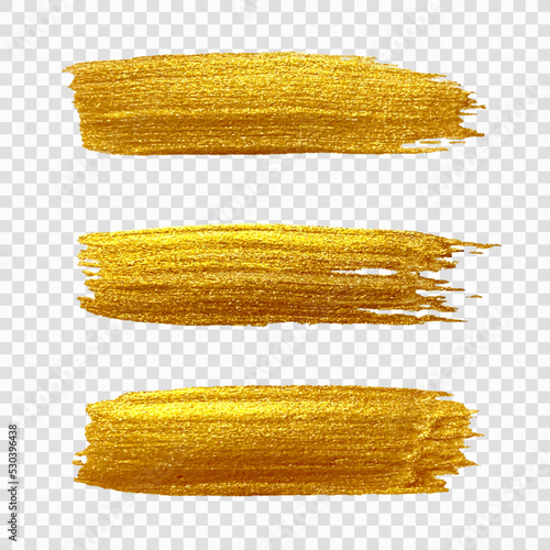 Golden paint brush stroke. Set of gold paint smear with glittering texture. Realistic gold brush stroke with metallic effect on transparent background. Vector