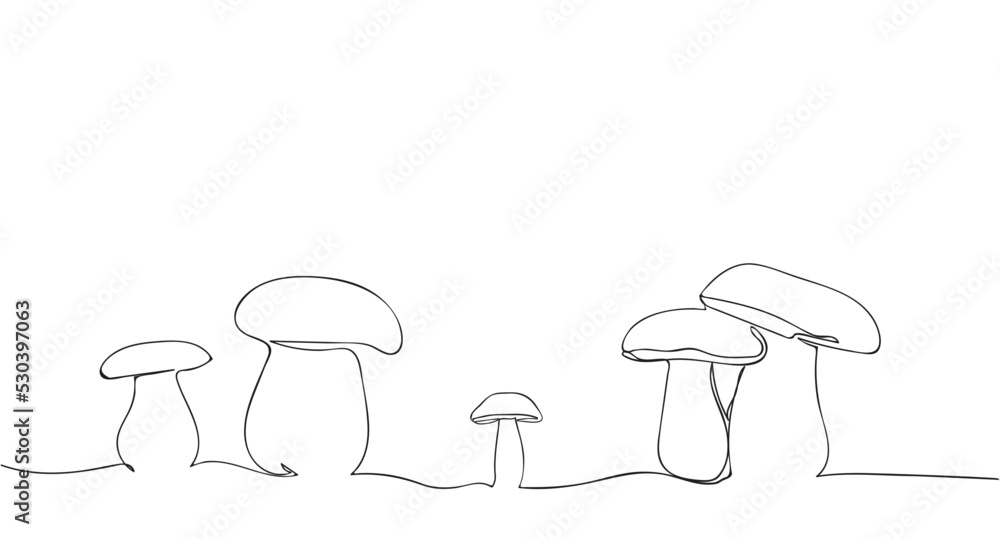 Contour drawing of mushrooms on a white background. Mushroom one line continuous drawing. Contour drawing of mushrooms on a white background. Mushroom one line continuous drawing.