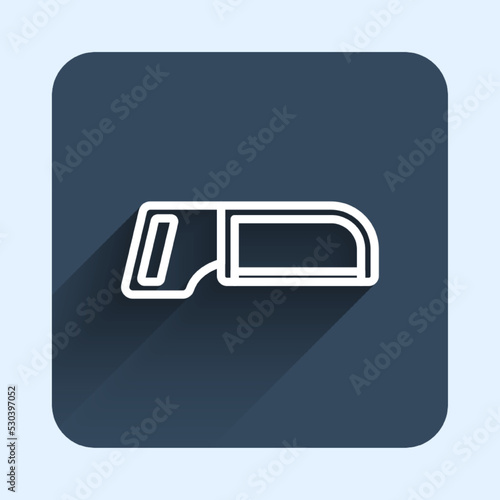 White line Hacksaw icon isolated with long shadow background. Metal saw for wood and metal. Blue square button. Vector