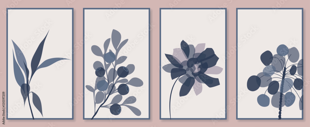 Abstract botanical wall art set. Vector illustration in scandinavian design