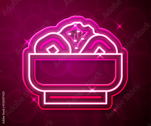 Glowing neon line Chow mein on plate icon isolated on red background. Asian food. Vector
