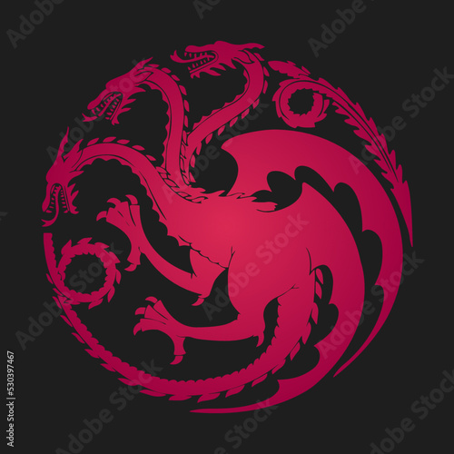 Three-headed red dragon as emblem of the house Targaryen. Poster of the red dragon for the series House of the Dragon - prequel Game of Thrones. Vector illustration as print, pattern or wallpaper.