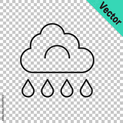 Black line Cloud with rain icon isolated on transparent background. Rain cloud precipitation with rain drops. Vector