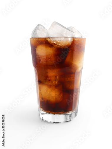 Glass of cola with ice on white background