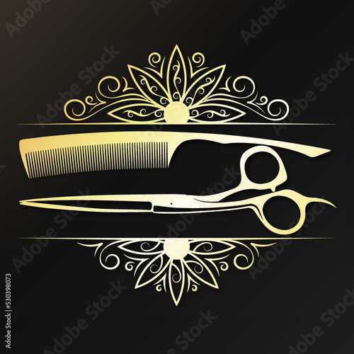 Golden scissors and comb. Banner for beauty and hair salon