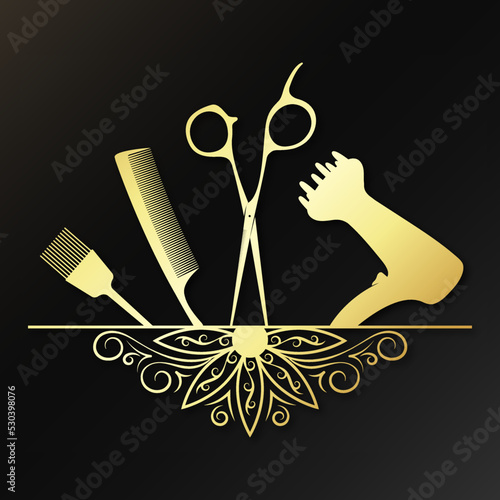 Hairdryer comb scissors golden symbol of hair salon