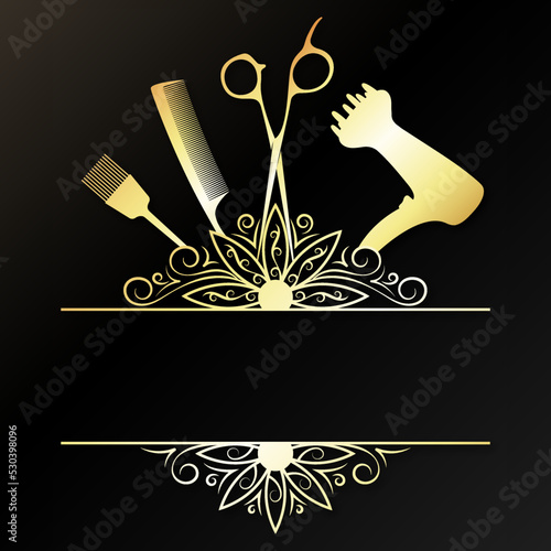 Hairdryer comb scissors golden symbol of hair salon
