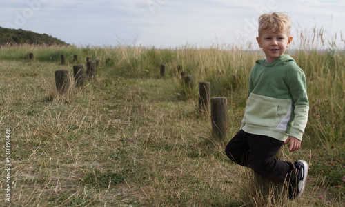 A smiling little boy sits on wooden posts on a grassy seashore. Posts symmetrically go into the distance, forming a free space for a banner
