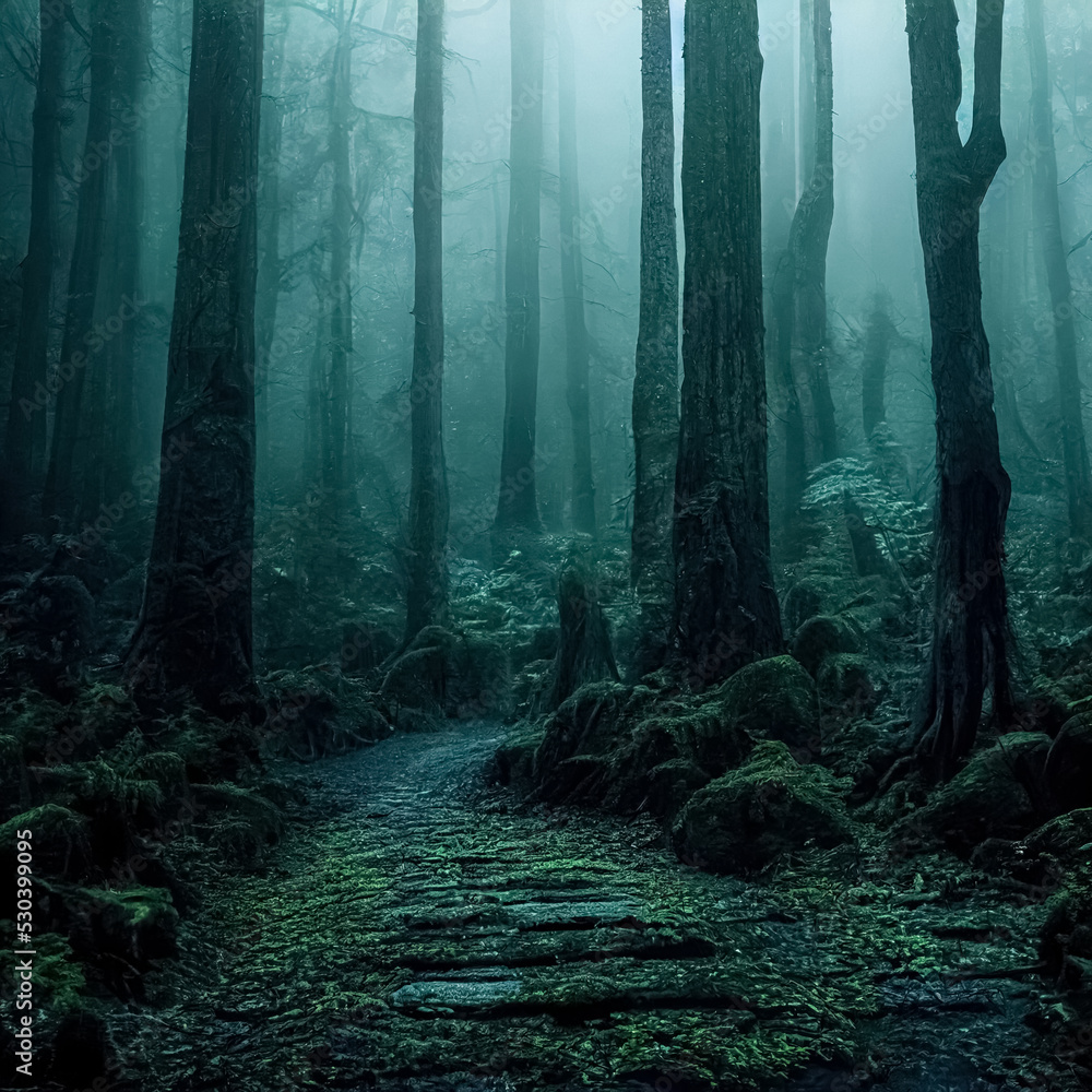 Gloomy, spooky, foggy dark forest landscape. Mysterious horror forest  background. 3D illustration. Stock Illustration | Adobe Stock