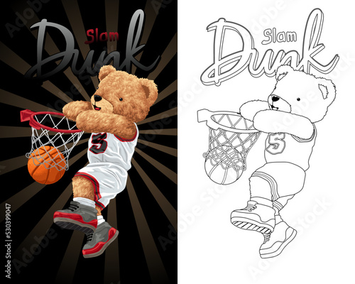 Hand drawn vector illustration of teddy bear playing basketball. Coloring book or page