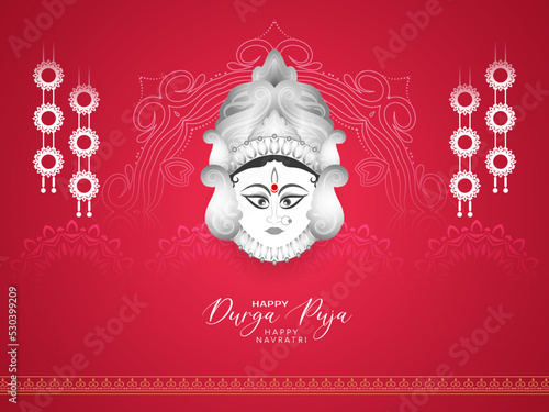 Durga Puja and Happy navratri festival card with goddess durga face design