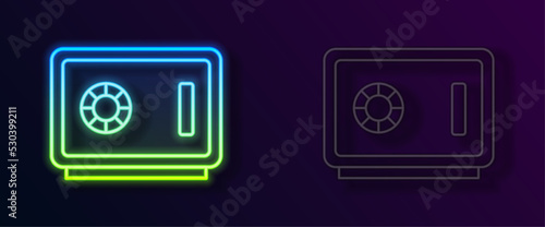 Glowing neon line Safe icon isolated on black background. The door safe a bank vault with a combination lock. Reliable Data Protection. Vector