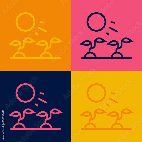 Pop art line Plant sprouts grow in the sun icon isolated on color background. Seedling concept. Vector