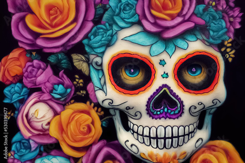 Traditional Calavera, Sugar Skull decorated with flowers. The day of the dead. 3D illustration.
