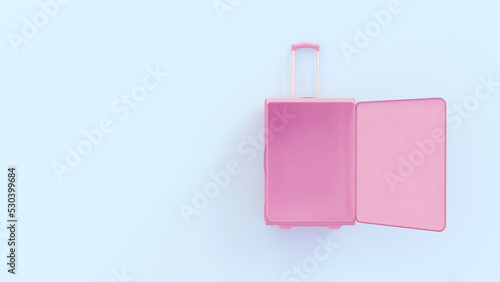 Open empty pink suitcase luggage bag on blue background. Travel concept mockup with copy space. Top view.