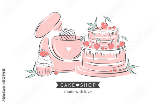 Cake shop logo. Planetary stationary dough mixer, cake, cupcake and berries. Vector illustration on white background for menu, recipe book, baking shop.