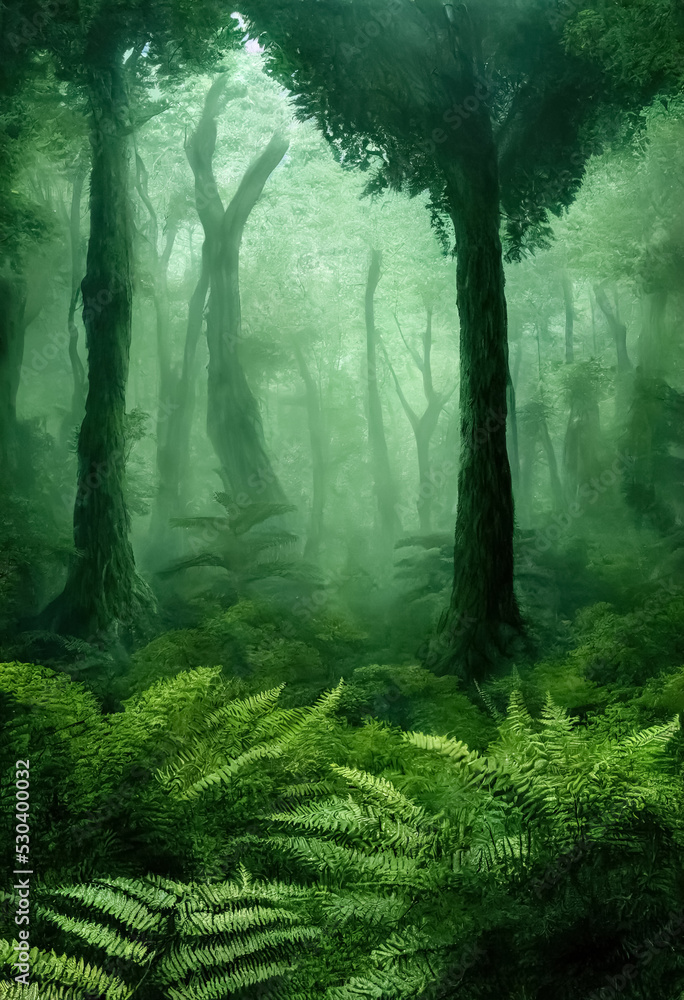 Prehistoric antediluvian forest landscape with primitive trees and ferns. Digital 3D illustration. Prehistoric antediluvian forest landscape with primitive trees and ferns. Digital 3D illustration.