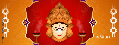 Fototapeta Naklejka Na Ścianę i Meble -  Durga Puja and Happy navratri festival banner with goddess Durga face