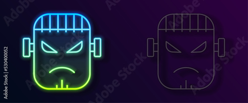 Glowing neon line Scary monster - Frankenstein face icon isolated on black background. Happy Halloween party. Vector
