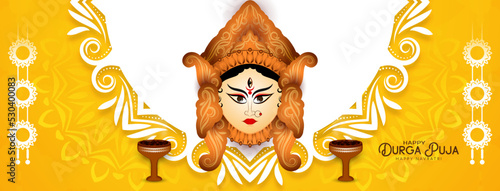 Durga Puja and Happy navratri festival banner with goddess Durga face
