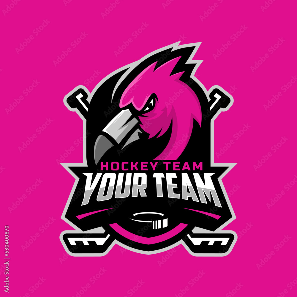 Flamingo head logo for the ice hockey team logo. vector illustration. With a combination of shields badge, puck and ice hockey stick Flamingo head logo for the ice hockey team logo. vector illustration. With a combination of shields badge, puck and ice hockey stick