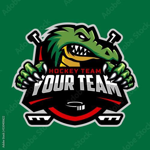 Crocodile head logo with claw for the ice hockey team logo. vector illustration. With a combination of shields badge, puck and ice hockey stick