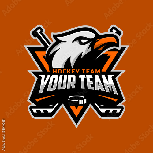 Eagle head logo for the ice hockey team logo. vector illustration. With a combination of shields badge, puck and ice hockey stick