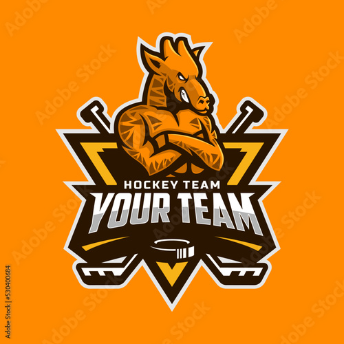 Giraffe logo for the ice hockey team logo. vector illustration. With a combination of shields badge, puck and ice hockey stick