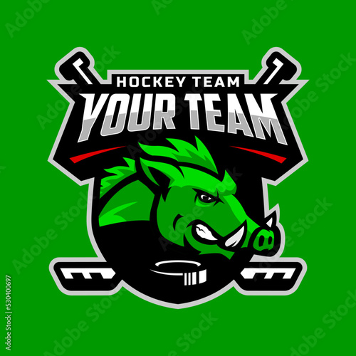 Wild boar head logo for the ice hockey team logo. vector illustration. With a combination of shields badge, puck and ice hockey stick