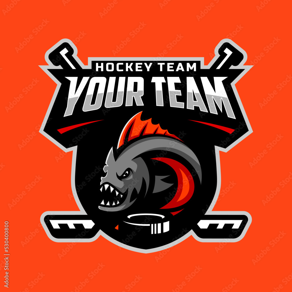 Obraz premium Piranha logo for the ice hockey team logo. vector illustration. With a combination of shields badge, puck and ice hockey stick