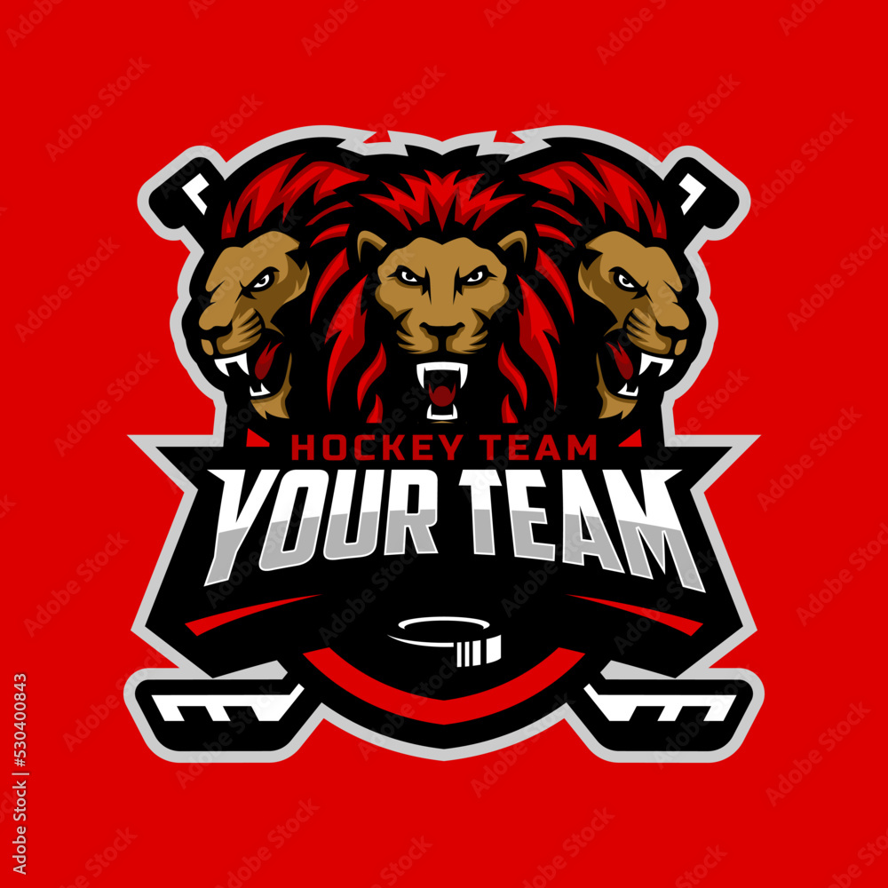 three lions head logo for the ice hockey team logo. vector illustration. With a combination of shields badge, puck and ice hockey stick