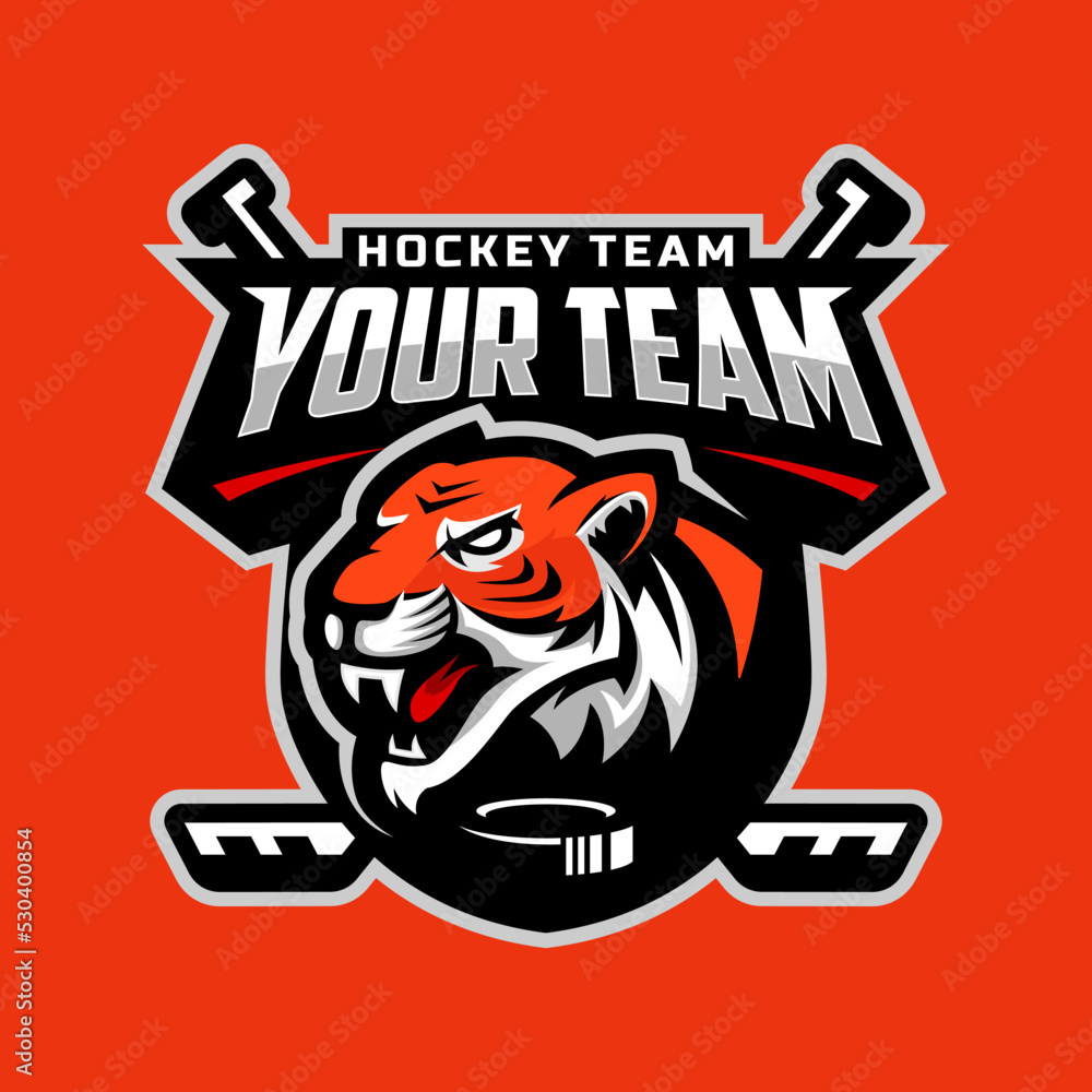Tiger head logo for the ice hockey team logo. vector illustration. With a combination of shields badge, puck and ice hockey stick