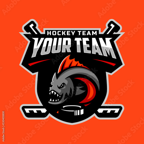 Piranha logo for the ice hockey team logo. vector illustration. With a combination of shields badge, puck and ice hockey stick