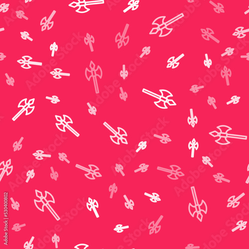 White line Medieval axe icon isolated seamless pattern on red background. Battle axe, executioner axe. Medieval weapon. Vector