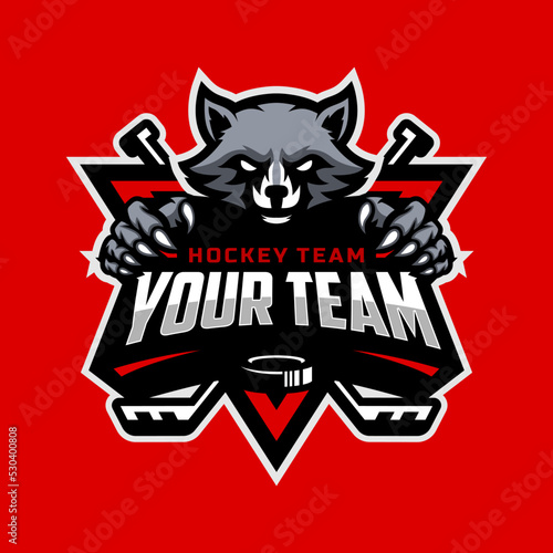 Raccoon head logo with claw for the ice hockey team logo. vector illustration. With a combination of shields badge, puck and ice hockey stick