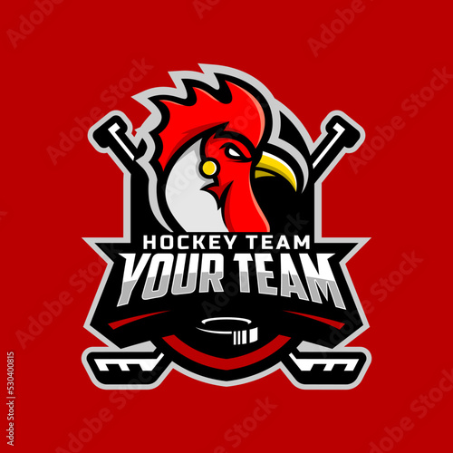 Roosters head logo for the ice hockey team logo. vector illustration. With a combination of shields badge, puck and ice hockey stick