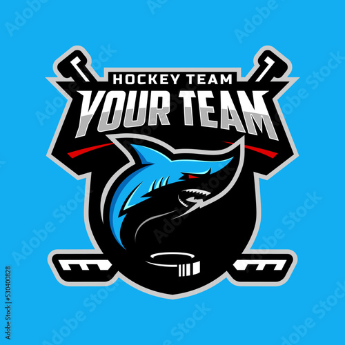 Shark logo for the ice hockey team logo. vector illustration. With a combination of shields badge, puck and ice hockey stick