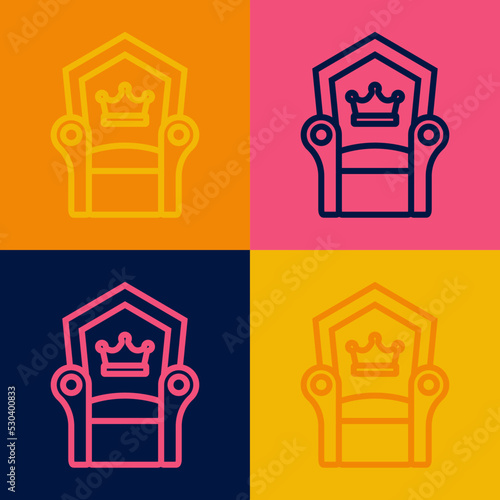 Pop art line Medieval throne icon isolated on color background. Vector