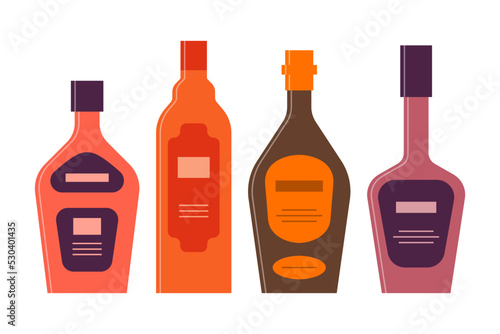 Set bottles of liquor, rum, whiskey, balsam great design for any purposes. Icon bottle with cap and label. Flat style. Color form. Party drink concept. Simple image shape