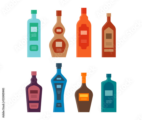 Set bottles of gin whiskey brandy cognac liquor vodka balsam tequila. Icon bottle with cap and label. Graphic design for any purposes. Flat style. Color form. Party drink concept. Simple image shape