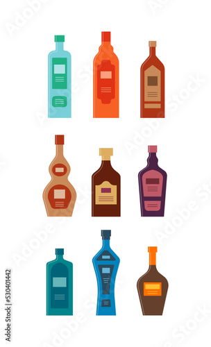 Set bottles of gin brandy cognac balsam rum liquor tequila vodka whiskey. Icon bottle with cap and label. Graphic design for any purposes. Flat style. Color form. Party drink concept. Simple image