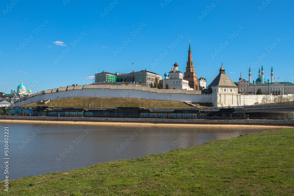 Panoramic view with Kazan Kremlin, mosque Kul Sharif and with river Kazanka.May 2022. Panoramic view with Kazan Kremlin, mosque Kul Sharif and with river Kazanka.May 2022.