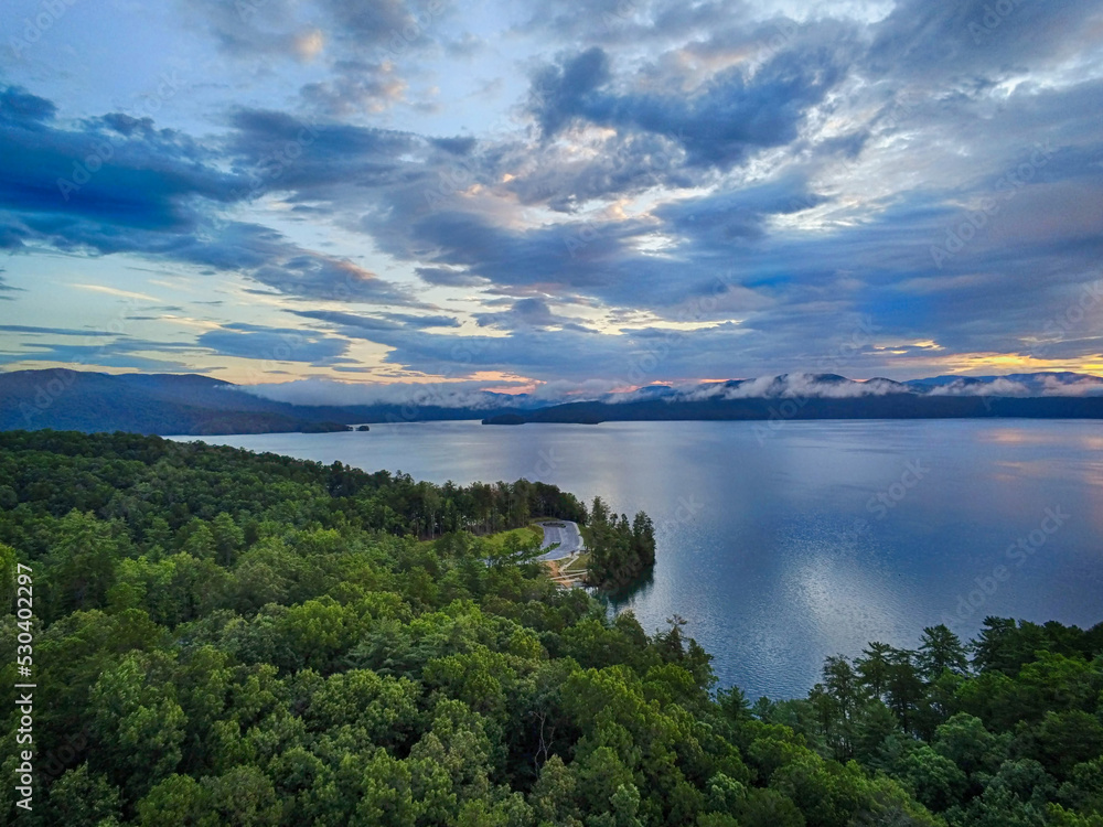 beautiful early morning sunrise on lake jocassee south carolina