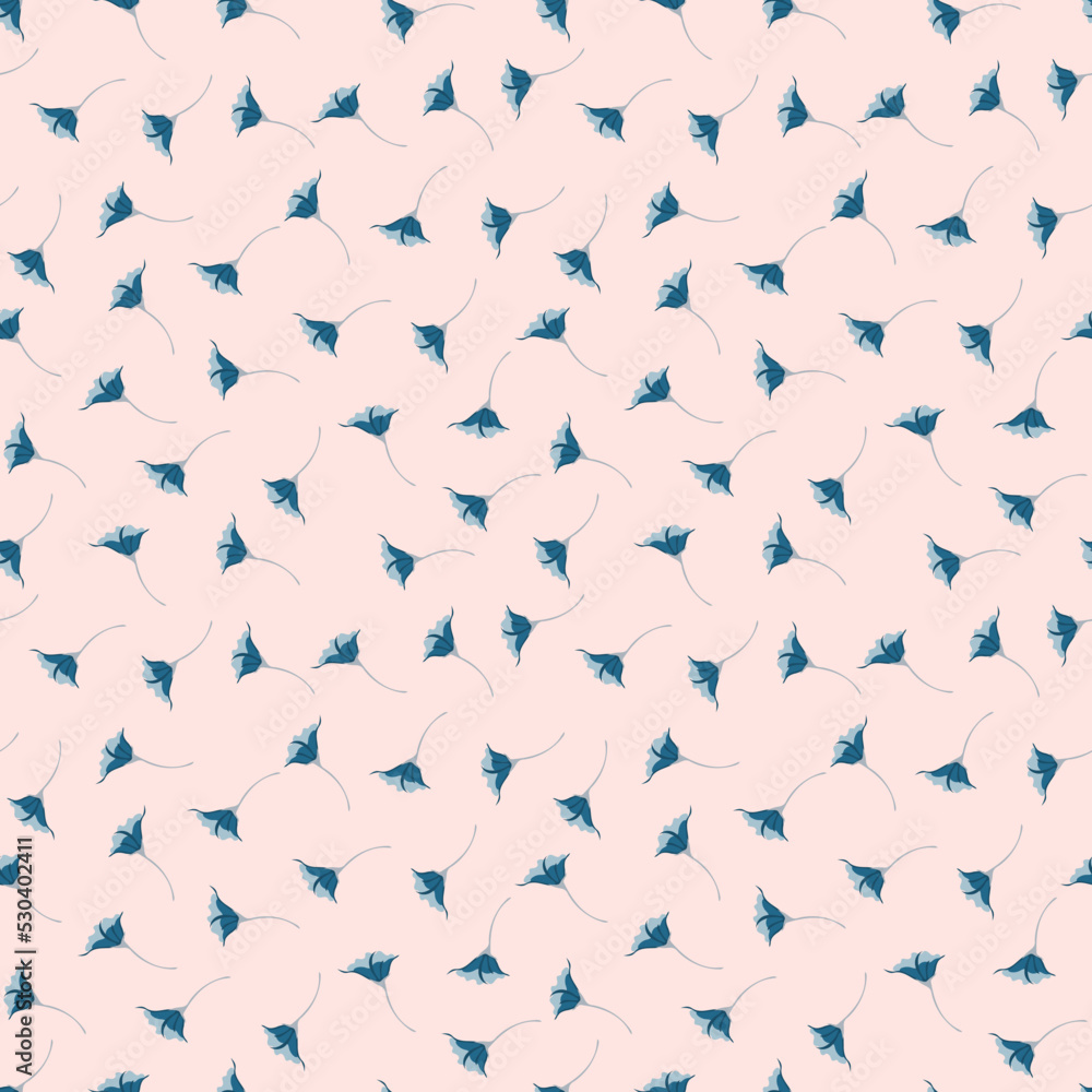 Vector seamless pattern with scattered flowers. Liberty style print. Elegant floral background. Simple ditsy texture. Light blue, gray and blue color. Repeat design for wallpapers, fabric, textile
