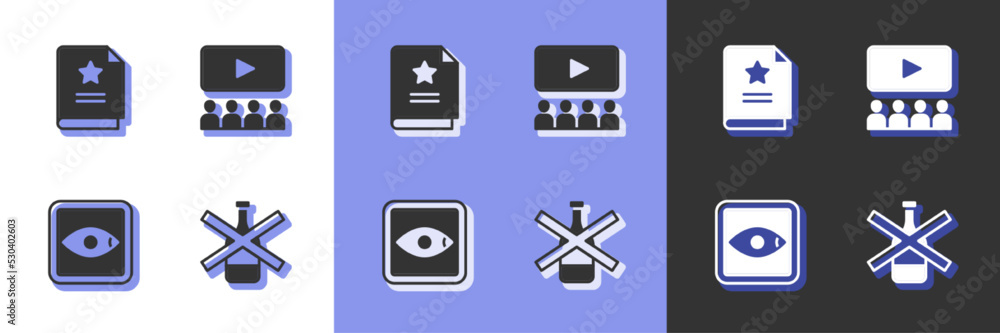 Set No alcohol, Scenario, Rating movie and Cinema auditorium with screen icon. Vector